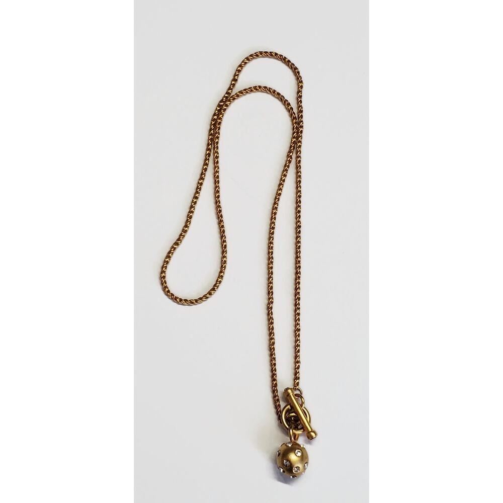 Matte Gold Tone Clear Rhinestone Studded Bead Toggle Necklace 17"